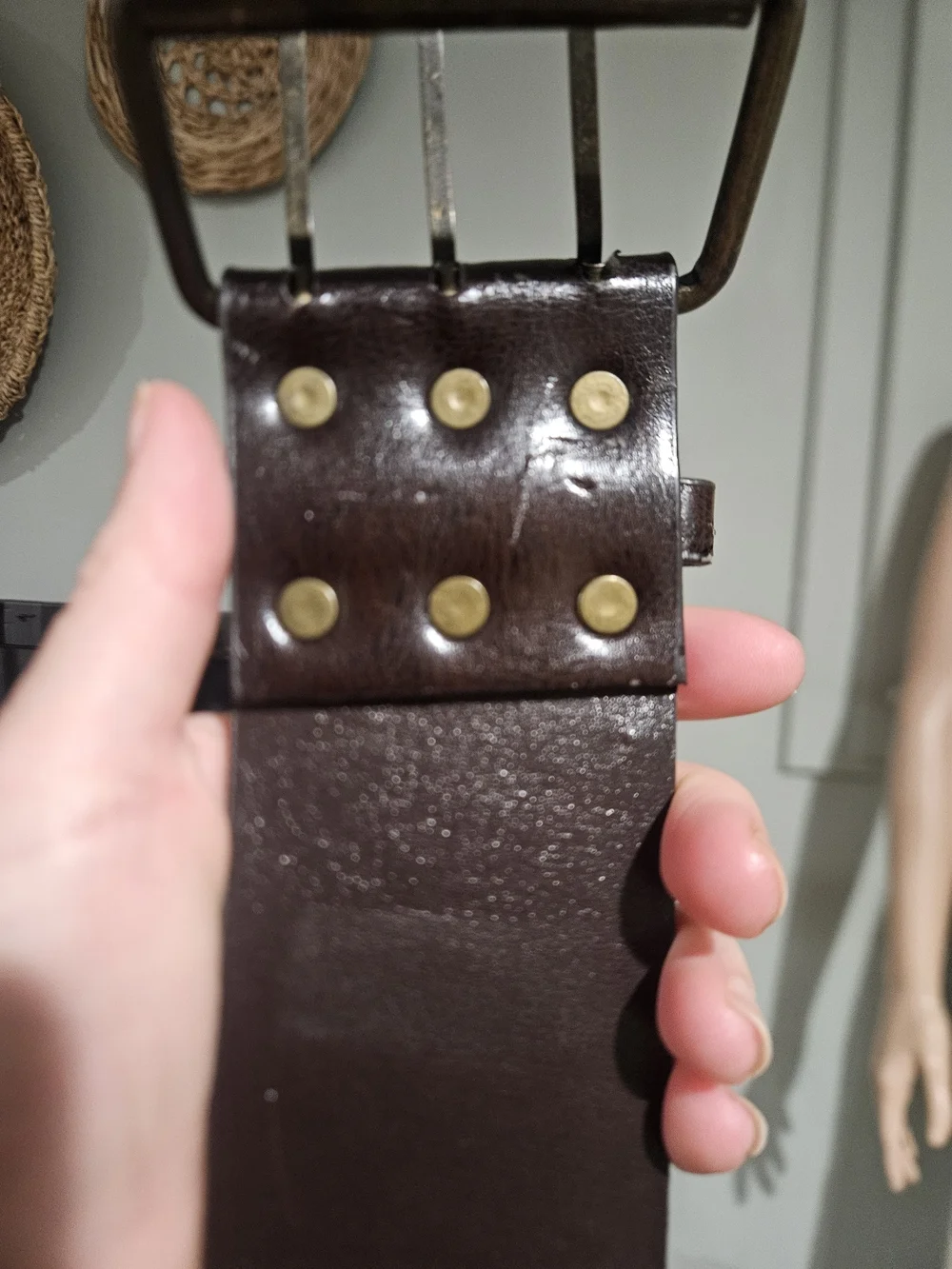 Vintage Wide Brown Leather Grommet Studded Belt Double Prong Waist Belt